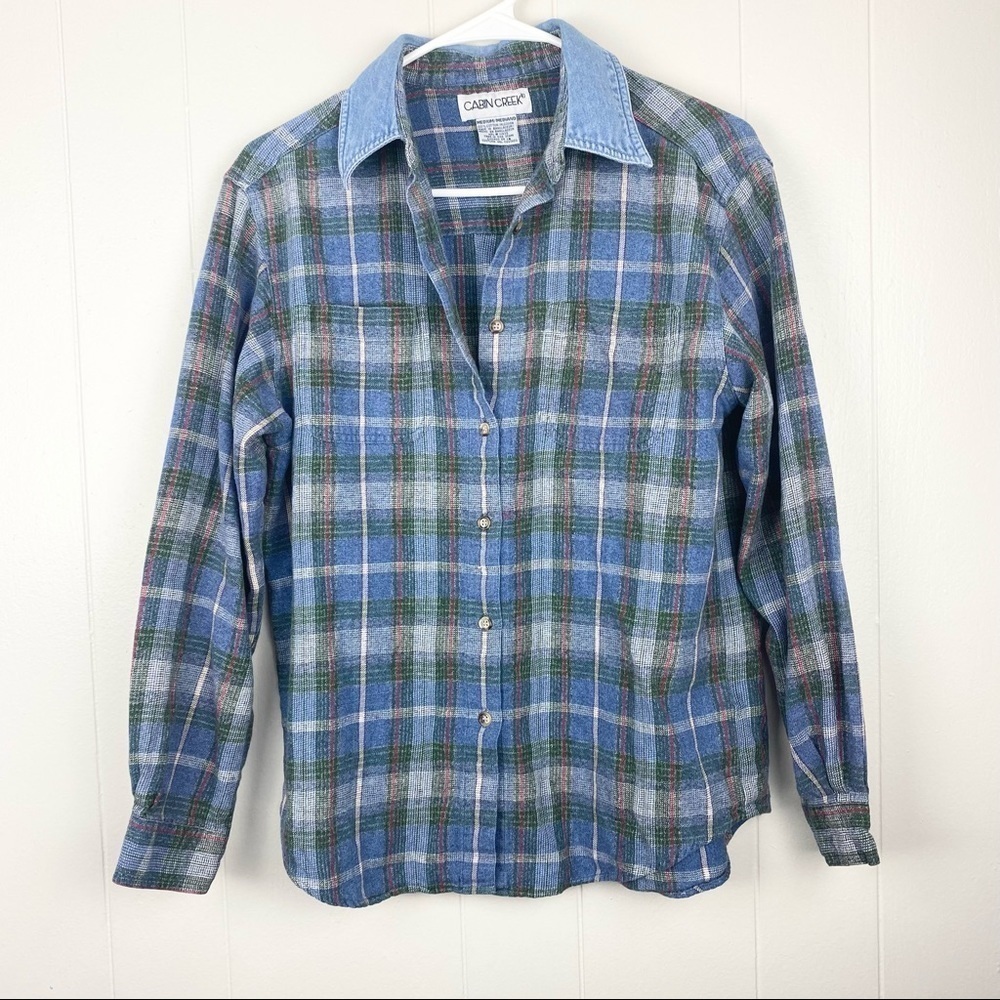 Vintage | Plaid Long Sleeve Top with Denim Collar